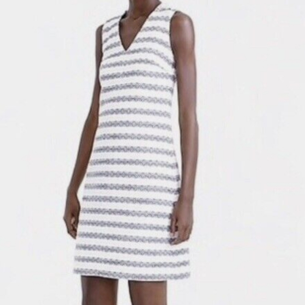 NWOT J Crew white blue tweed striped sheath dress Womens 12 - Picture 2 of 6